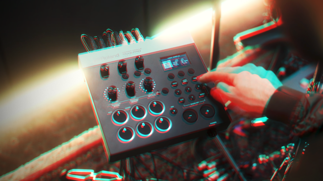 Music producer creating drum samples on a hardware sampler in a studio environment