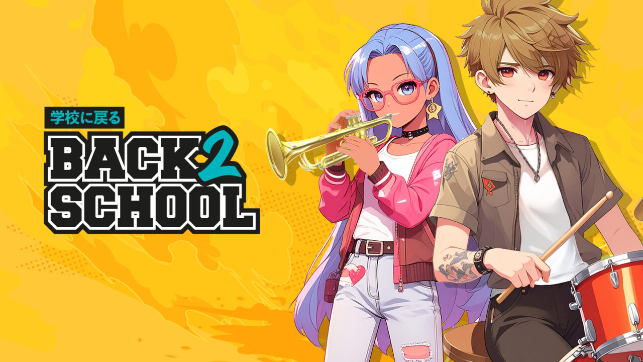 Anime-style teens playing trumpet and drums with a “Back to School” banner on a yellow background