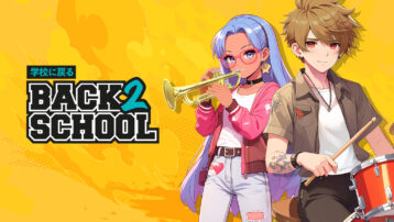 Anime-style teens playing trumpet and drums with a “Back to School” banner on a yellow background