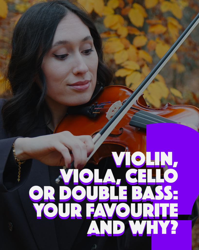 Woman playing a violin outdoors with autumn leaves – comparison guide for violin, viola, cello and double bass