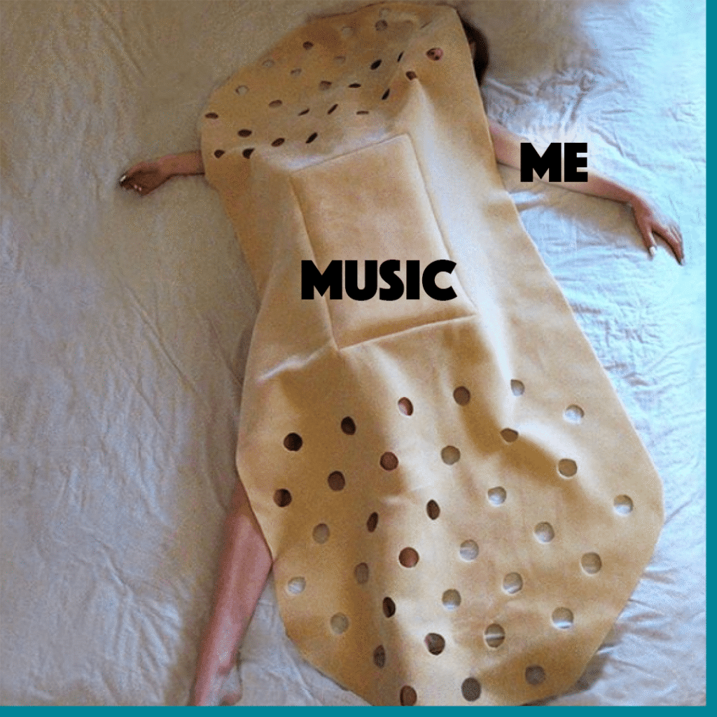 A person lying under a bandaid-shaped blanket labeled 'Music,' symbolizing how music provides comfort.