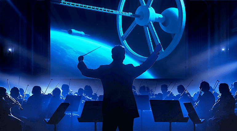 Conductor and orchestra performing with a space station visual, referencing The Blue Danube scene from 2001: A Space Odyssey