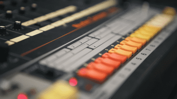 Close-up of a Roland TR-808 drum machine, featured in legendary tracks like “Sexual Healing” and “Psycho Killer”