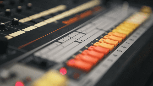 Close-up of a Roland TR-808 drum machine, featured in legendary tracks like “Sexual Healing” and “Psycho Killer”