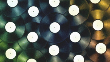 Collage of vinyl records representing iconic albums in music history