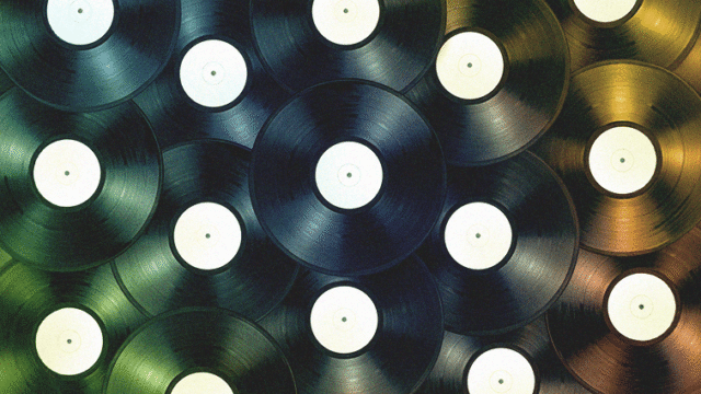 Collage of vinyl records representing iconic albums in music history