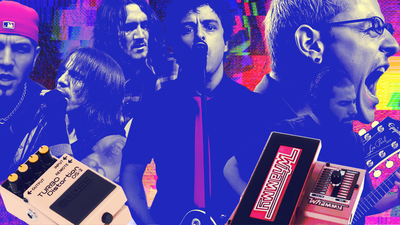 Collage of 2000s rock band guitarists with effects pedals like Boss DS-2 and Digitech Whammy