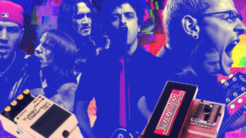 Collage of 2000s rock band guitarists with effects pedals like Boss DS-2 and Digitech Whammy