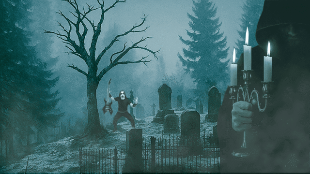 Grim cemetery with a corpse-painted guitarist and a hooded figure holding a candelabra, reflecting the dark subgenres of metal music from Doom to Black Metal.