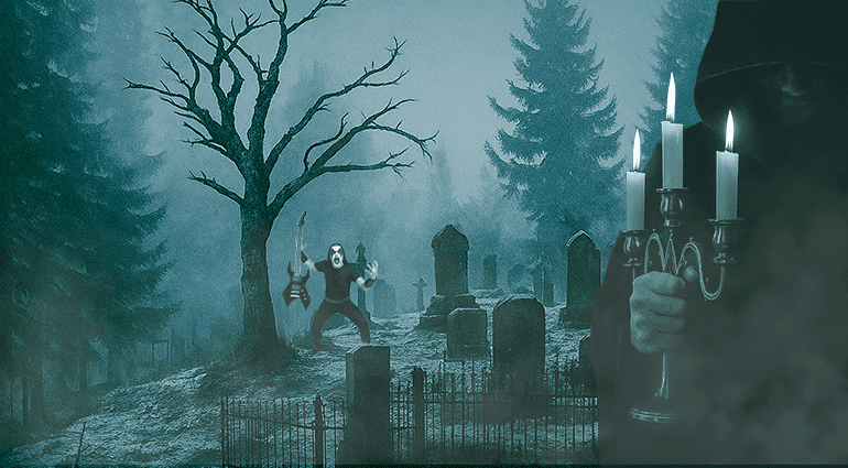 Grim cemetery with a corpse-painted guitarist and a hooded figure holding a candelabra, reflecting the dark subgenres of metal music from Doom to Black Metal.