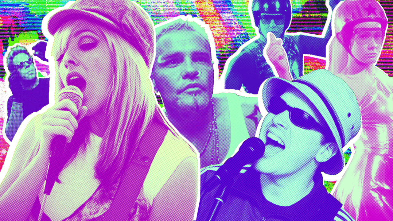 Colorful collage of 2000s one-hit wonder artists singing and performing with retro pop art effects