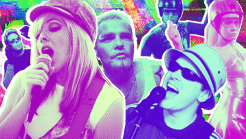 Colorful collage of 2000s one-hit wonder artists singing and performing with retro pop art effects