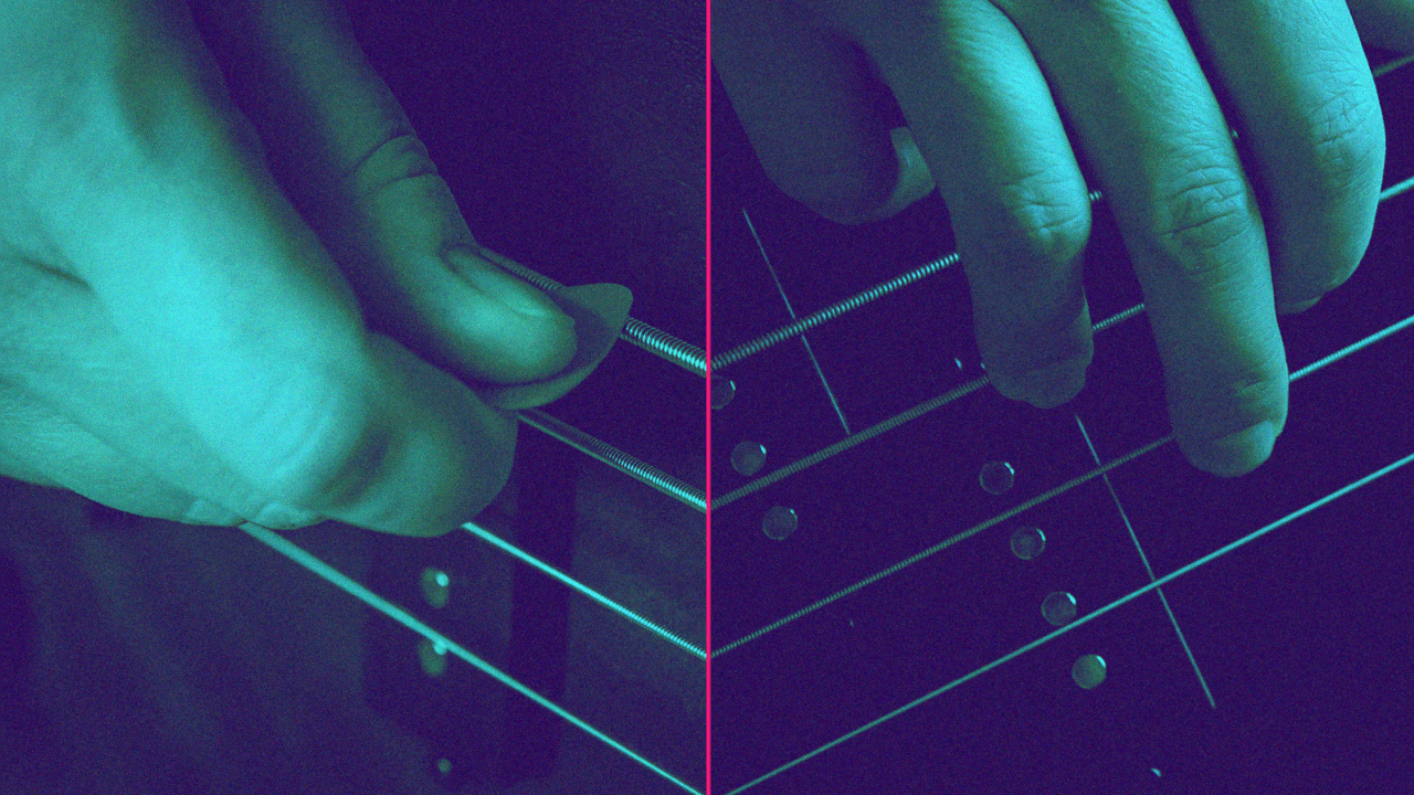 Close-up comparison of fingerstyle and pick playing techniques on an electric bass guitar