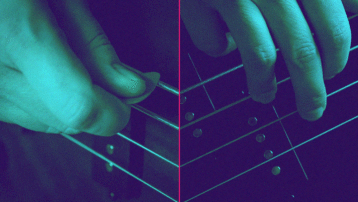 Close-up comparison of fingerstyle and pick playing techniques on an electric bass guitar
