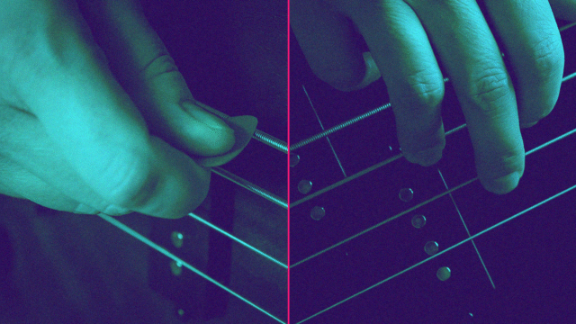Close-up comparison of fingerstyle and pick playing techniques on an electric bass guitar