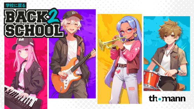 Anime-style teens playing keyboard, guitar, trumpet, and drums for Thomann's Back 2 School music campaign.