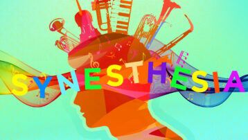 Illustration of a colourful human head silhouette with musical instruments and notes representing synaesthesia and sensory blending