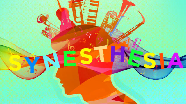 Illustration of a colourful human head silhouette with musical instruments and notes representing synaesthesia and sensory blending