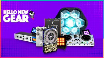 Header image for New Gear September 2025 blog showcasing a variety of music equipment including Rane One MKII DJ controller, Behringer BM-12 Ring Modulator, Soundboks Lightboks LED lights, and other audio gear on a vibrant purple background with "Hello New Gear" text and a robot icon.