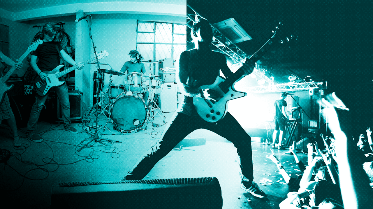 Split image of musicians performing: on the left, a small unknown band in rehearsal, on the right, a famous band on stage with a cheering crowd: for the blog 10 famous musicians and their former, unknown bands