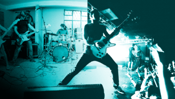 Split image of musicians performing: on the left, a small unknown band in rehearsal, on the right, a famous band on stage with a cheering crowd: for the blog 10 famous musicians and their former, unknown bands