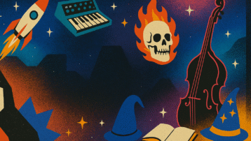 Illustrated header image representing quirky rock subgenres, featuring a skull, musical instruments, and surreal elements inspired by experimental rock music.