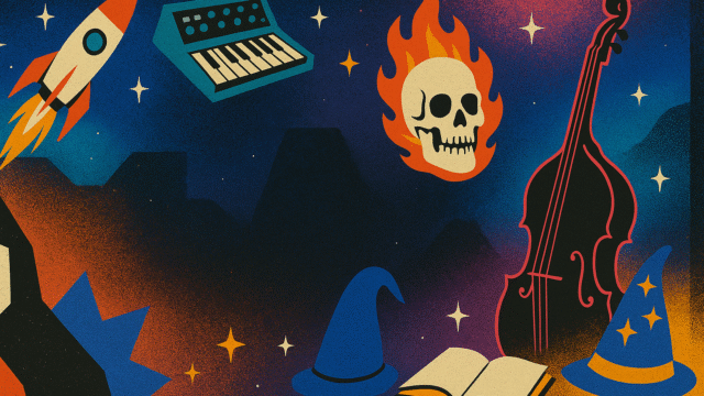 Illustrated header image representing quirky rock subgenres, featuring a skull, musical instruments, and surreal elements inspired by experimental rock music.