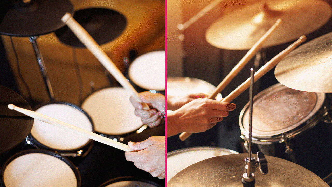 Side-by-side comparison of electronic and acoustic drum kits being played