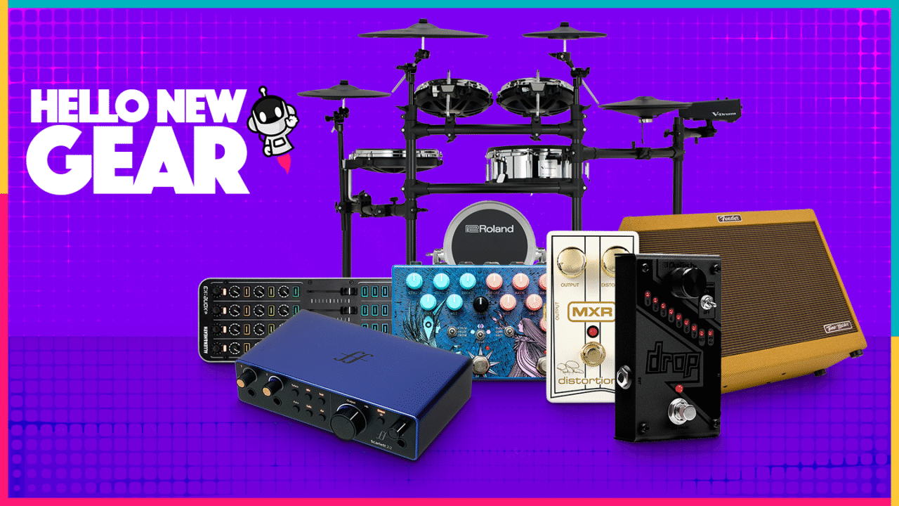 Electronic drum kits, audio interface, guitar pedals, and studio gear featured in Hello New Gear November 2025
