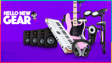 ‘Hello New Gear December 2025’. Header image showing various new music gear including headphones, studio monitors, synthesizer keyboard, pink bass guitar, and electronic drum kit.