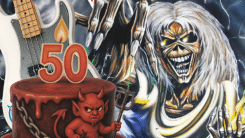 Iron Maiden 50th anniversary artwork featuring Eddie, a 50th birthday cake and classic heavy metal imagery