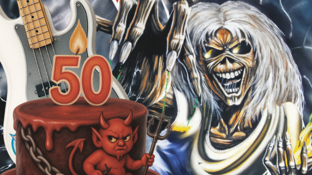 Iron Maiden 50th anniversary artwork featuring Eddie, a 50th birthday cake and classic heavy metal imagery