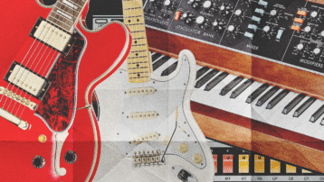 Instruments that defined the sound of decades, featuring electric guitars, synthesizers, and keyboards from different music eras