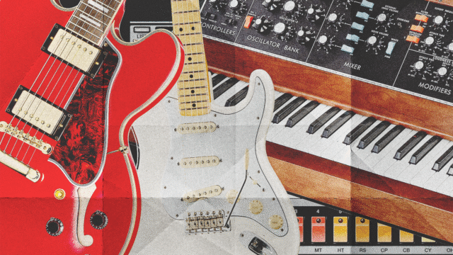 Instruments that defined the sound of decades, featuring electric guitars, synthesizers, and keyboards from different music eras