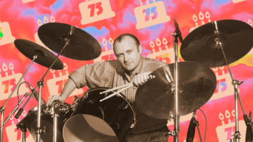 Phil Collins behind a drum kit with “75” birthday graphics, celebrating his 75th birthday and career with Genesis and as a solo artist.