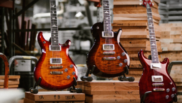 PRS Guitars model series overview showing Core, S2, SE and Private Stock electric guitars with flamed maple tops