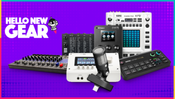 Hello New Gear February – new music equipment featuring acoustic guitar strings, USB audio interfaces, a USB-C microphone, an effects unit, and a 4K webcam