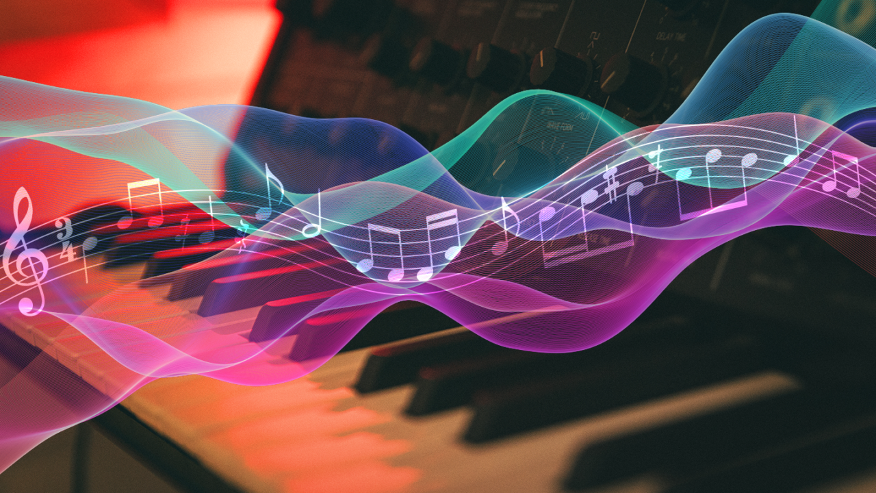 Piano keys with colorful sound waves and music notes, representing electro-classical fusion and neoclassical electronica.