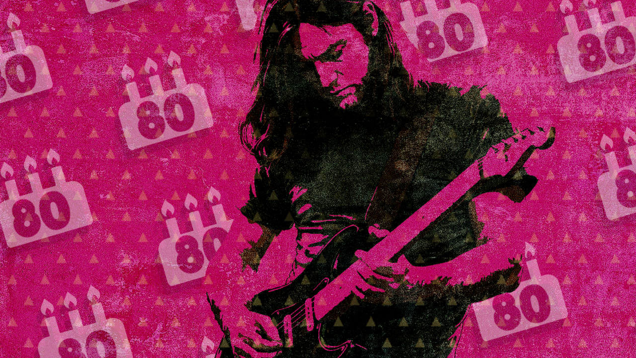 Illustration of Pink Floyd guitarist David Gilmour playing electric guitar celebrating his 80th birthday