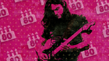 Illustration of Pink Floyd guitarist David Gilmour playing electric guitar celebrating his 80th birthday