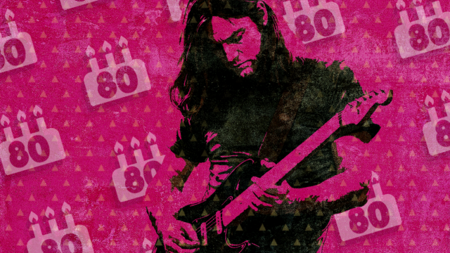 Illustration of Pink Floyd guitarist David Gilmour playing electric guitar celebrating his 80th birthday