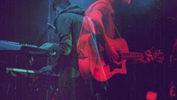 Musician shown in two contrasting performance styles with guitar and keyboard representing artistic evolution and sound transformation