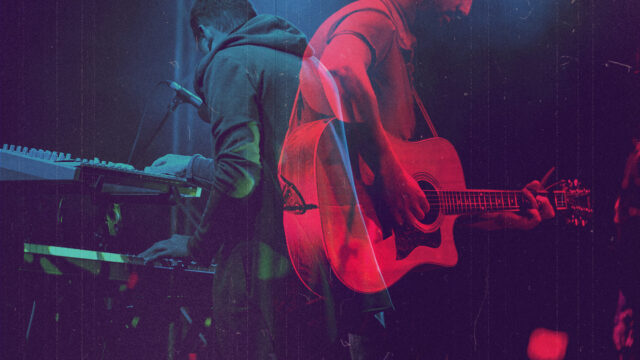 Musician shown in two contrasting performance styles with guitar and keyboard representing artistic evolution and sound transformation