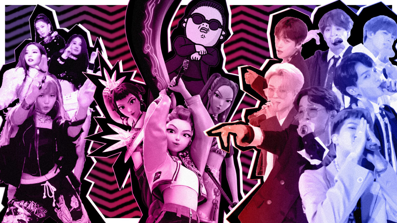 Collage featuring PSY from Gangnam Style, BTS, BLACKPINK, and animated K-pop demon hunter characters representing the evolution of K-pop in 2026