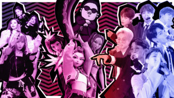 Collage featuring PSY from Gangnam Style, BTS, BLACKPINK, and animated K-pop demon hunter characters representing the evolution of K-pop in 2026