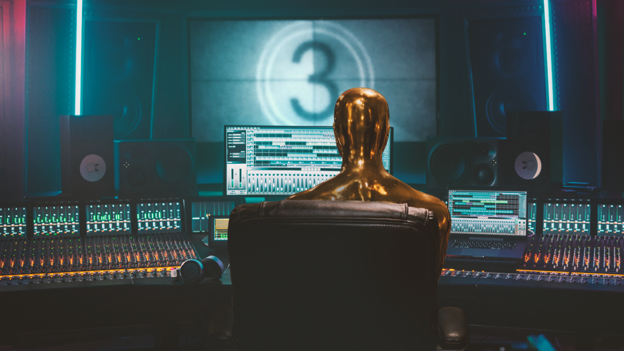 Film composer working in a professional studio with mixing console and digital audio workstation while creating cinematic music for movies