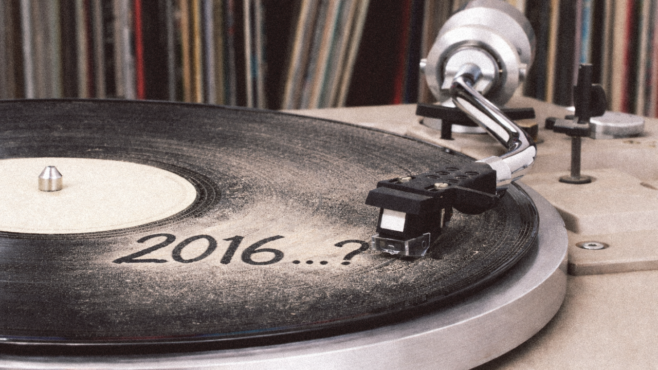 Dusty vinyl record on a turntable with “2016?” text symbolizing artists who haven't released an album in over 10 years