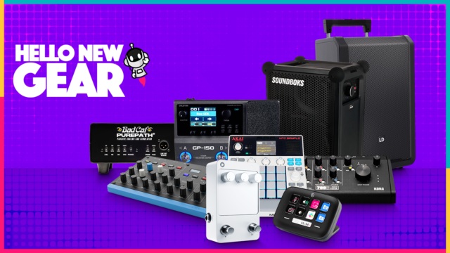 New music gear April 2026 featuring AKAI MPC Sample, Soundboks speaker, synth, audio interface, effects pedals and Stream Deck controllers