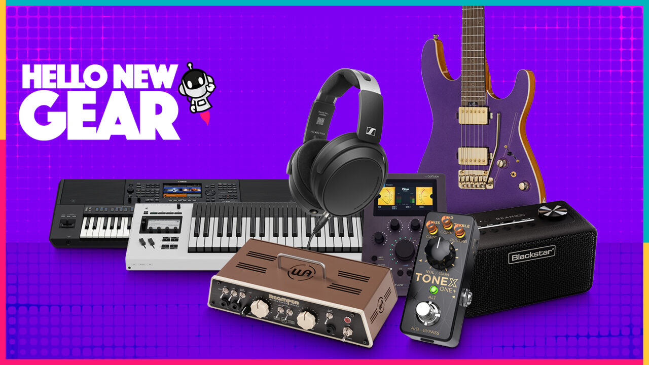 Collage of new music gear for May 2026 featuring electric guitar, studio headphones, keyboard workstation, guitar pedal, mini amp, audio controller and reamper on a purple background