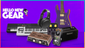 Collage of new music gear for May 2026 featuring electric guitar, studio headphones, keyboard workstation, guitar pedal, mini amp, audio controller and reamper on a purple background